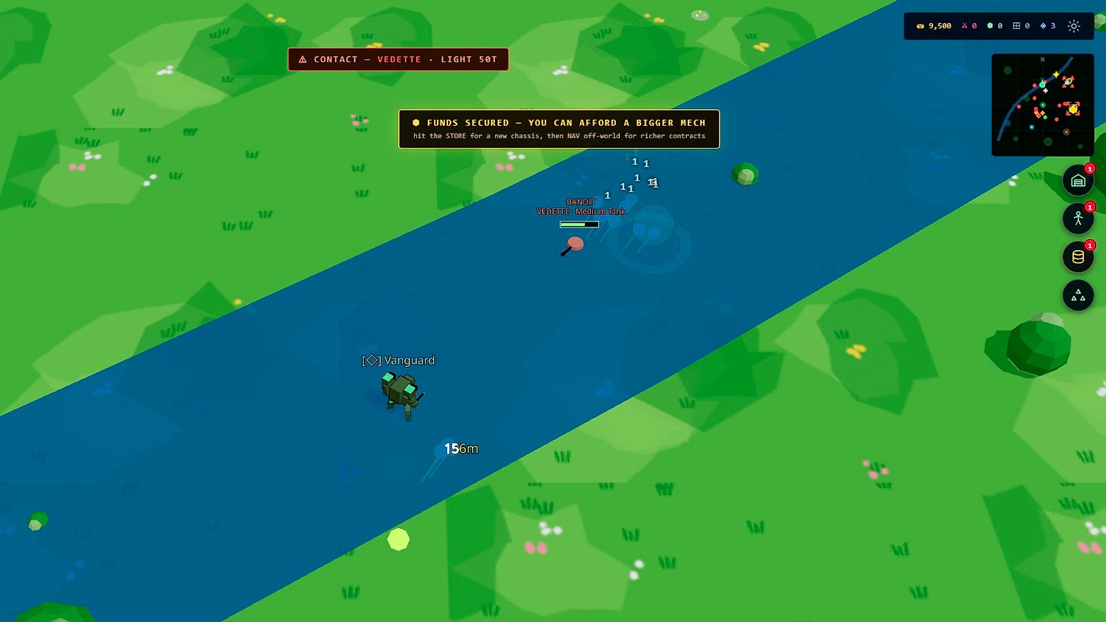 An LRM volley streaks across the river toward a bandit tank